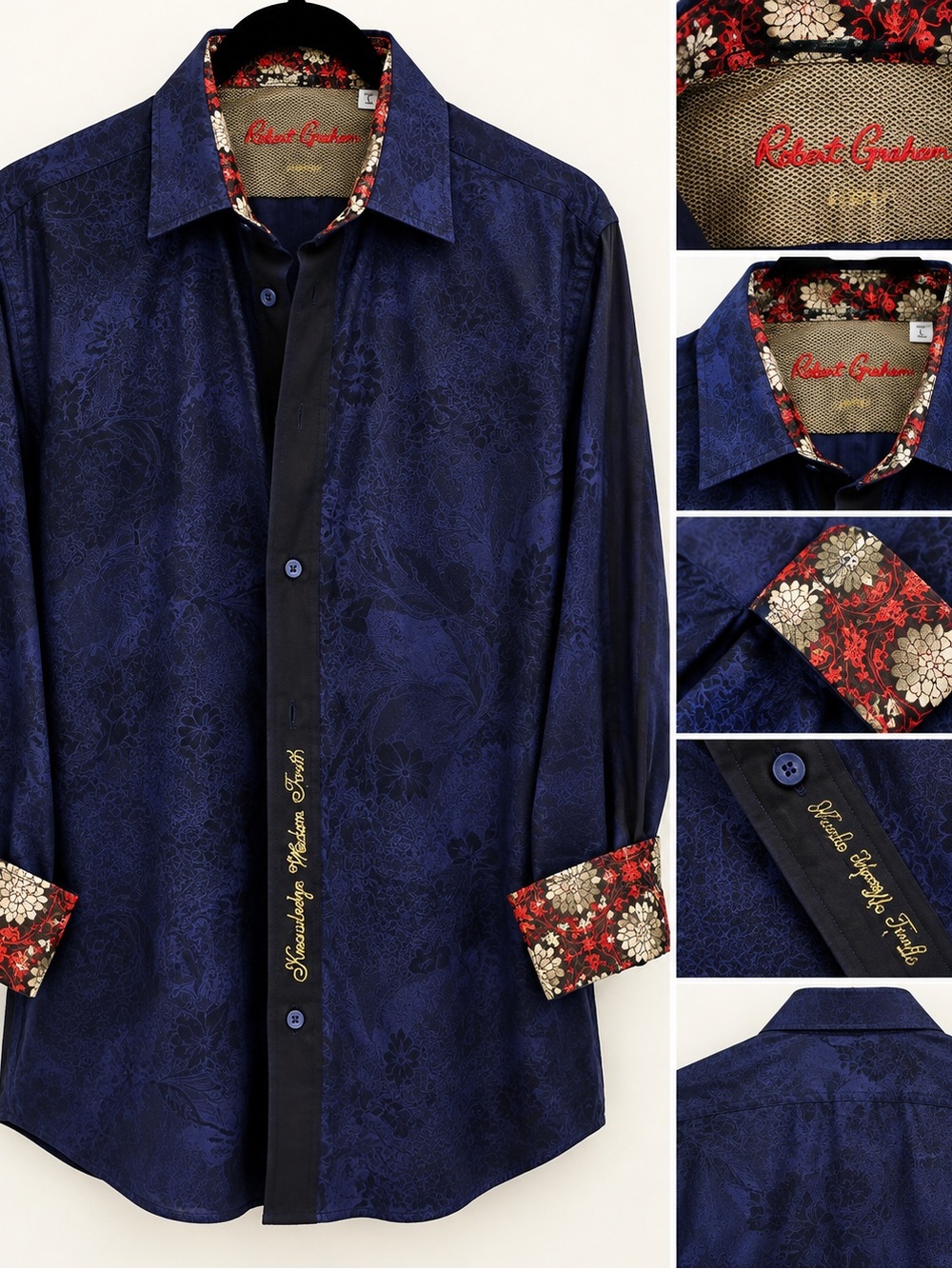 Robert Graham Navy Blue Floral-Trim Long Sleeve Button Shirt limited edition